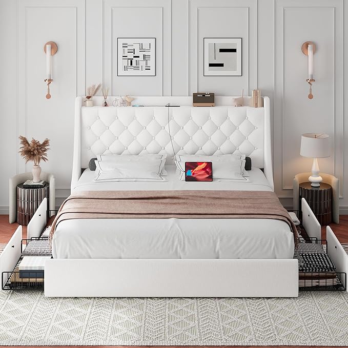 iPormis Queen Bed Frame with 4 Storage Drawers, Upholstered Platform Bed Frame with Type-C & USB Ports, Wingback Storage Headboard, Solid Wood Slats, No Box Spring Needed, White