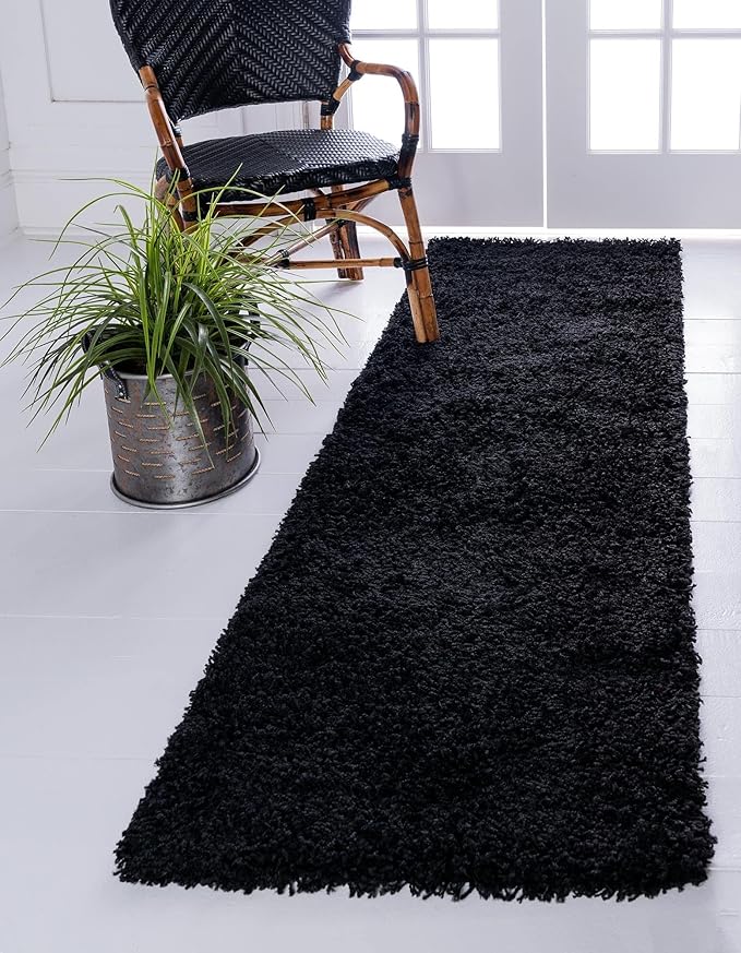 Unique Loom Solid Shag Collection Area Rug (2' 6" x 19' 8" Runner, Jet Black)