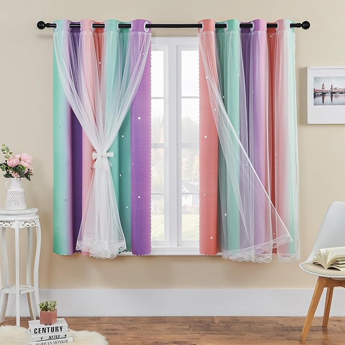 XiDi Kids Room Decor for Girls Bedroom, Pink Purple Green Curtains for Kids Rooms, Girls Room Curtains Windows Wall Drapes 42 Inchs Long 52 inches Wide 1 Panel
