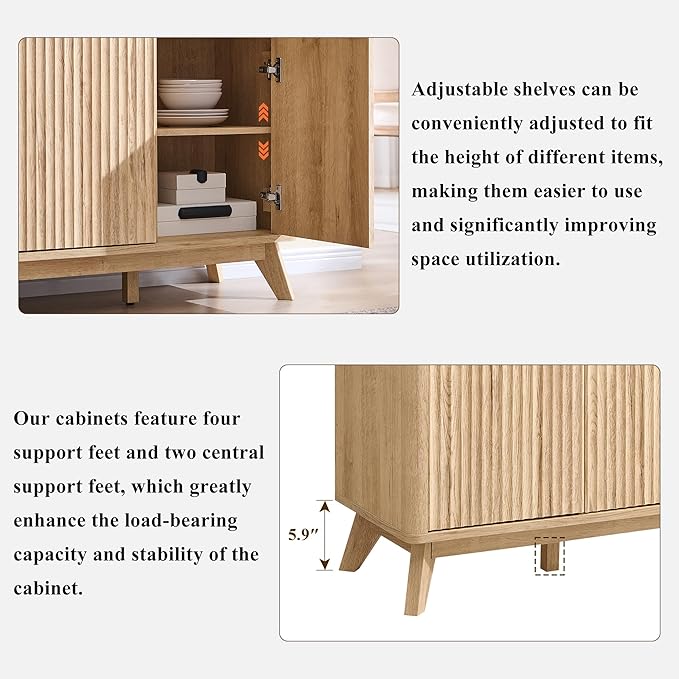 T4TREAM Large Buffet Sideboard Cabinet with Storages, 60" Fluted Modern Buffet Table Coffee Bar Wine Bar Storage Cabinet with 3 Drawers & 4 Doors for Dining Room, Living Room, Hallway(Natural Oak) | with Storages, Coffee Bar, Wine Bar, Storage Cabinet,...