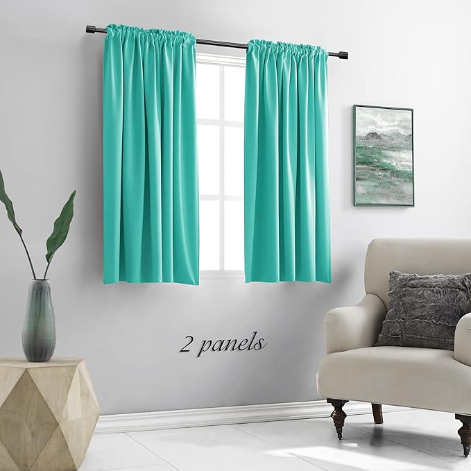 DONREN Turquoise Blackout Curtains for Bedroom - Thermal Insulated Rod Pocket Short Curtain Drapes (42 by 54 Inch,2 Panels)