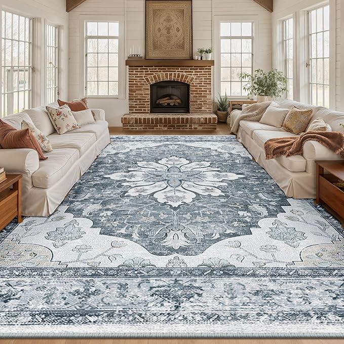 Area Rugs 10'x14' Washable Non-Slip, Floral Vintage Distress Print Pattern Medallion Carpet for Living Room Bedroom Dining Room, Light Gray Grey White