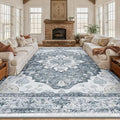 Area Rugs 10'x14' Washable Non-Slip, Floral Vintage Distress Print Pattern Medallion Carpet for Living Room Bedroom Dining Room, Light Gray Grey White