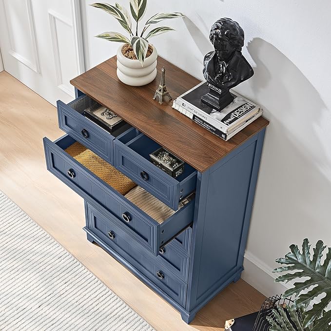 Bedroom Dresser and Nightstand Sets 4 Piece, Farmhouse 6 Drawers Dresser & 40.5" Tall Chest of Drawers, 18" Nightstands Set of 2, 54" Wide Furniture Dressers for Bedroom, Living Room, Blue