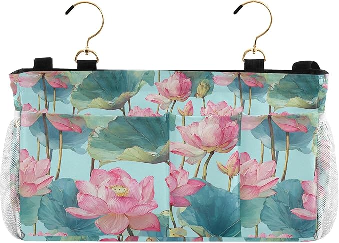 Bedside Caddy Hanging Bunk Bed Caddy Bed Organizer Hanging Pocket with 2 Hooks Bedside Storage Organizer Pocket Bag Holder Pastel Lotus Leaf Stem Floral