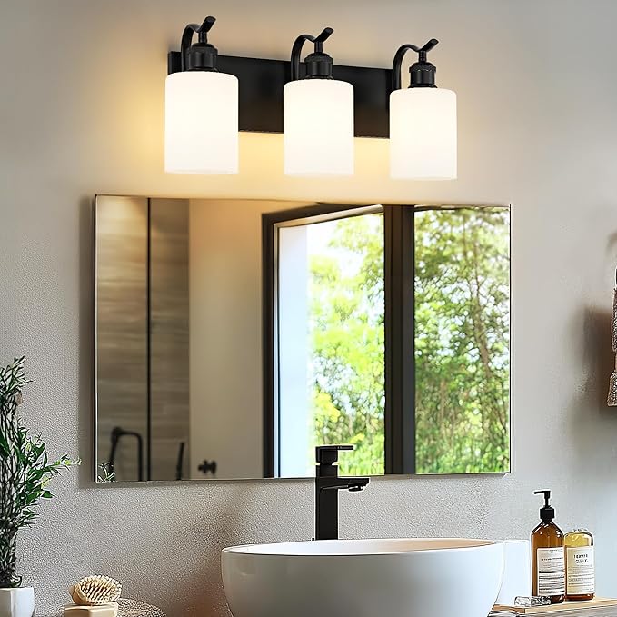 Black Vanity Light, 3-Light Bathroom Light Fixture, Modern Wall Sconce with Milk Glass, VL01BKW-3