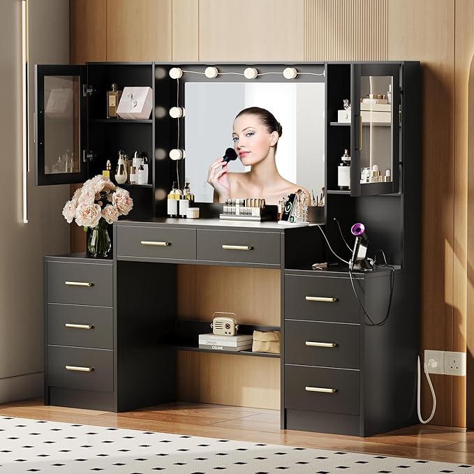 Black Vanity Desk with Mirror, Lights & Charging Station, 58.3" 3 Lighting Modes Makeup Desk with 8 Drawers, 2 Cabinets and Lots Storage, Dressing Table Vanity Set with Lighted Mirror