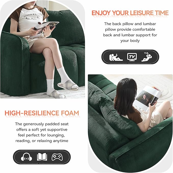 66'' Boneless Corduroy Loveseat Sofa, 2 Seater Tufted Deep Seat Couch with Rounded Armrest, Upholstered Cloud Couch for Living Room, Bedroom, No Assembly, Green