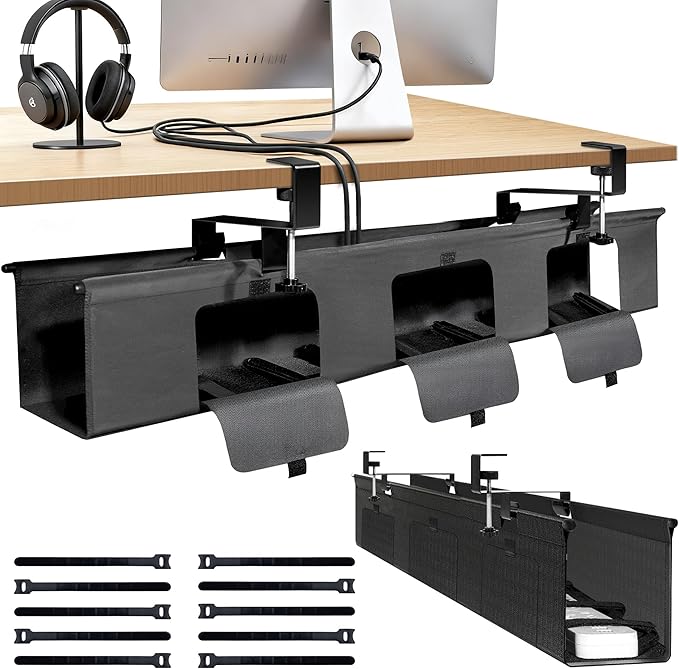 Under Desk Cable Management Tray, 36-inch No-Drill Standing Desk Cable Organizer, Fabric Tray for Power Strips, Adapters & Cables - Black