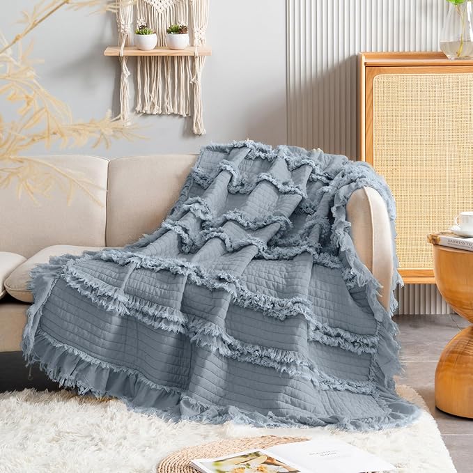 Ultra Soft Pre-Washed Quilted Boho Dark Blue Twin Size Blankets for Bed, Ruffle Fringed Decorative Throw, Stone Washed Chic Rustic Blanket for Sofa Couch Bed, 60"*80"