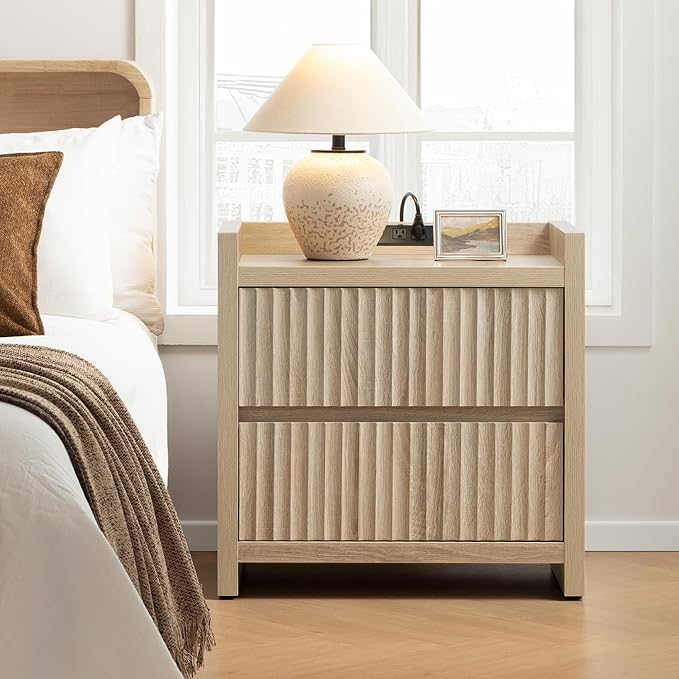 SICOTAS Night Stands Set of 2-Fluted Nightstands with Charging Station- Large Nightstand Bedside Table End Table with 2 Drawers, 25" Tall Mid Century Modern Night Stand for Bedroom, Sofa Side