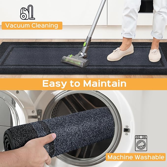 Kitchen Rugs 24" x 84", Non-Slip Machine Washable Kitchen Runner Rugs Floor Mats, Absorbent Comfort Standing Mats for Kitchen, Sink, Laundry and Hallway, Rolled Packaging, Bluish Grey & Charcoal