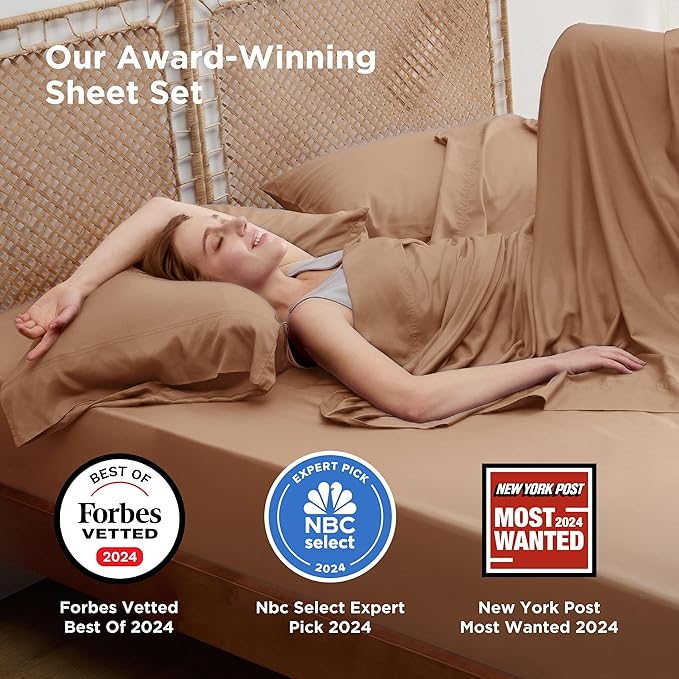 Bedsure California King Sheet Sets, Cooling Sheets for Hot Sleepers, Rayon Derived from Bamboo, Breathable & Soft, Deep Pocket Up to 16", Hotel Luxury Silky Bedding for Hot Sleepers, Khaki