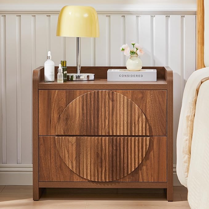 Turtle&Myrtle 24 Inch Wide Fluted Nightstands, Large Night Stand with 2 Drawers, Mid Century Modern Bedside Table End Table with Storage for Bedroom Living Room Office (Walnut)