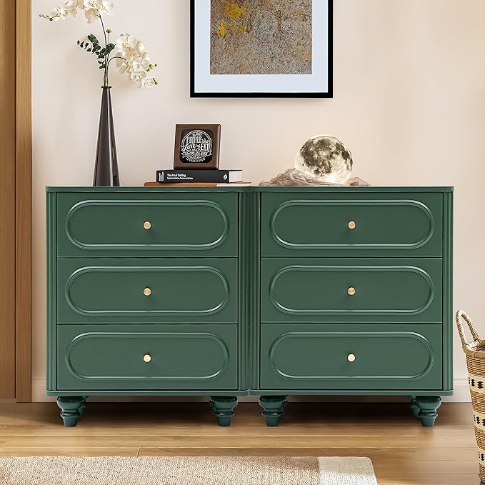 3 Drawer Fluted Dresser for Bedroom, Mid Century Modern Chest of Drawers, Wood Storage Small Dresser Organizer for Bedroom Living Room Hallway Closet, Green