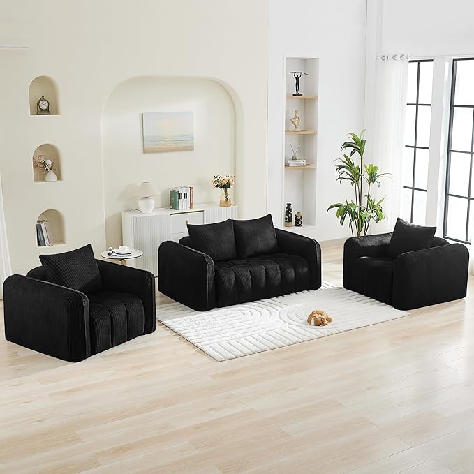 66'' Boneless Loveseat Sofa, 2 Seater Tufted Deep Seat Couch with Rounded Armrest, Upholstered Corduroy Cloud Couch for Living Room, Bedroom, No Assembly, Black