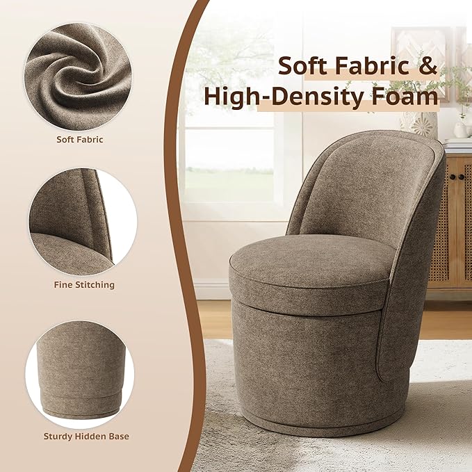 Swivel Accent Chair, 360° Swivel Chair with Hidden Storage, Vanity Chairs, Modern Small Barrel Swivel Armchair for Living Room/Bedroom, Brown
