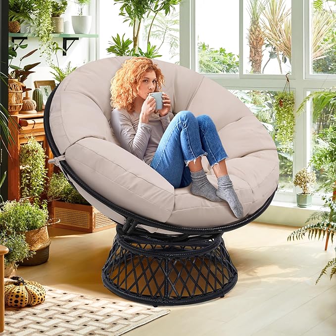 46" Giant Oversized Ergonomic Rattan Papasan Chair with Soft Thick Cushion for Adults, Fluid 360° Swivel, Waterproof, Black Frame with Beige Cushion
