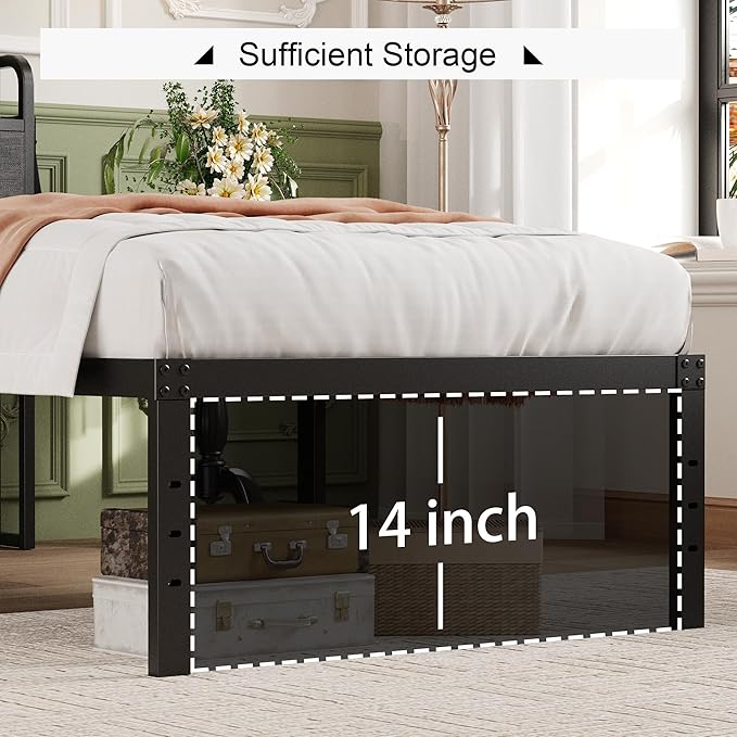 16 Inch Twin XL Bed Frames with Storage Headboard, Modern Design Metal XL Twin Bed Frame No Box Spring Needed, Easy Assembly, Black