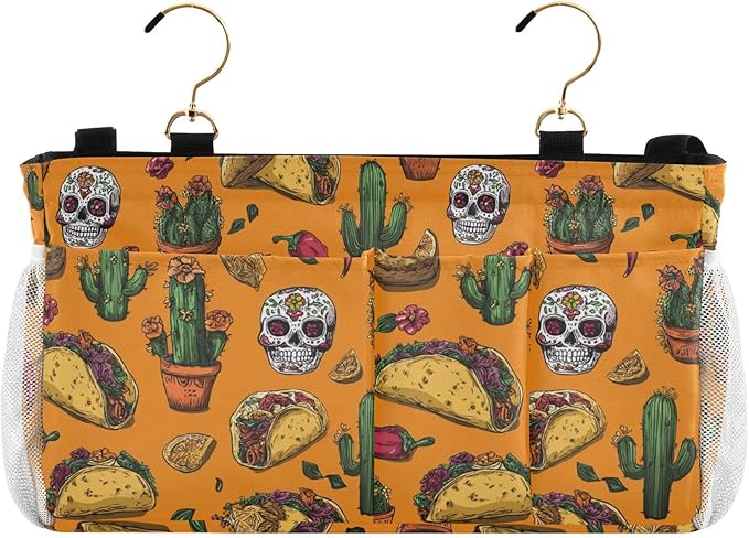Bedside Caddy Hanging Bunk Bed Caddy Bed Organizer Hanging Pocket with 2 Hooks Bedside Storage Organizer Pocket Bag Holder Orange Mexico Tacos Chilis Skulls