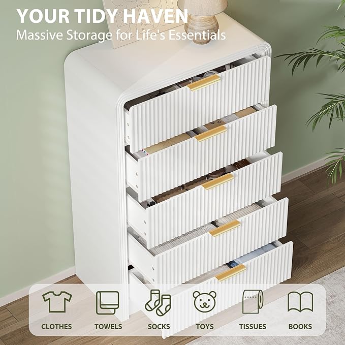Fluted 5 Drawers Dresser, 48" Tall Modern Chest of Drawers with Round Edge & Metal Handle, Wood Drawer Organizer for Living Room, Bedroom, Entryway, Hallway (White)