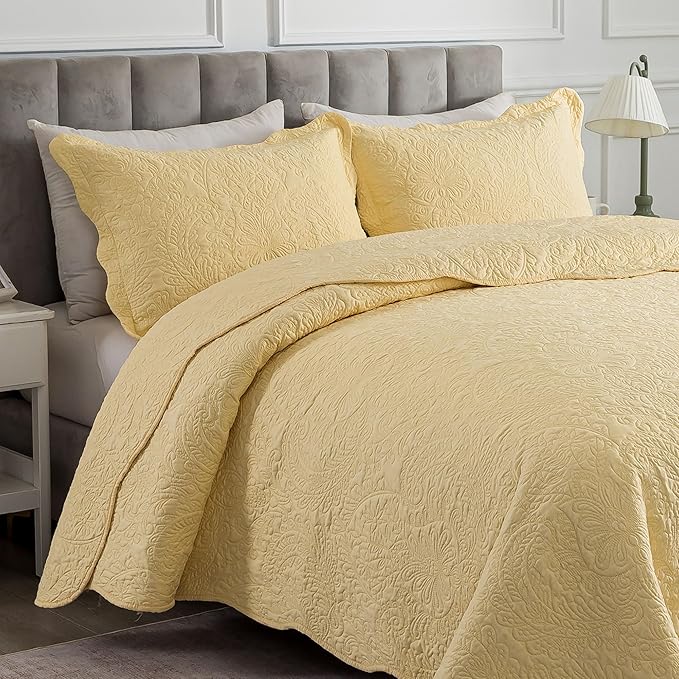 HoneiLife Queen Size Quilt Sets - 3 Piece Queen Quilt Bedding Set Microfiber Quilt Set Lightweight Bedspreads Reversible Coverlets Retro Bed Cover Floral Bedding Set All Season Quilts-Yellow