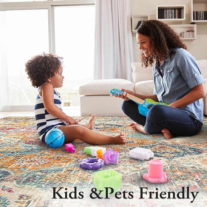 Lahome Moroccan Washable Area Rugs 8x10, 8x10 Rugs for Living Room Bedroom, Ultra-Thin Oriental Non-Slip Foldable Non Shedding Accent Large Carpet for Office Dining Room, Cream/Multi