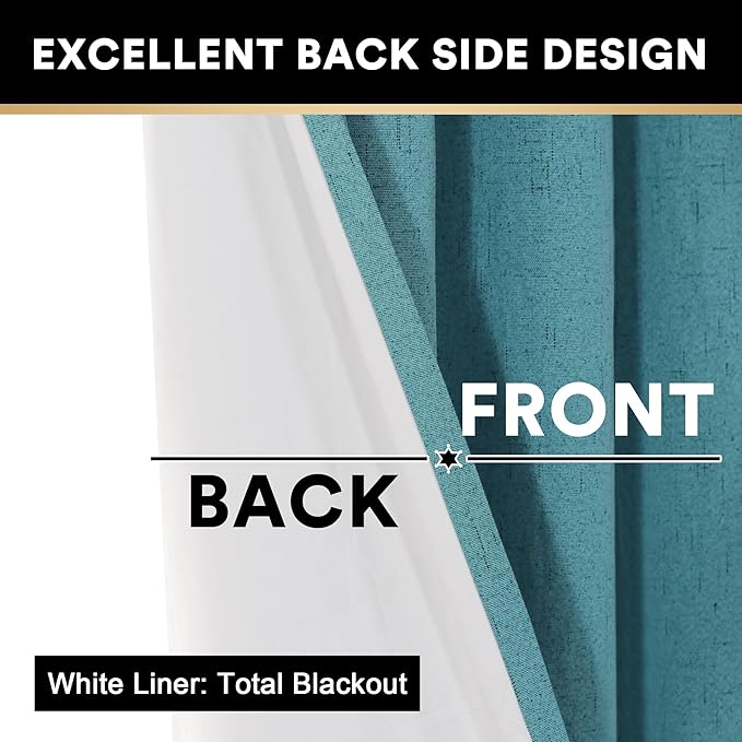 PrinceDeco Primitive Textured Linen 100% Blackout Curtains for Bedroom/Living Room Energy Saving Window Treatment Curtain Drapes, Burlap Fabric with White Thermal Insulated Liner (52 x 54 Inch, Teal)