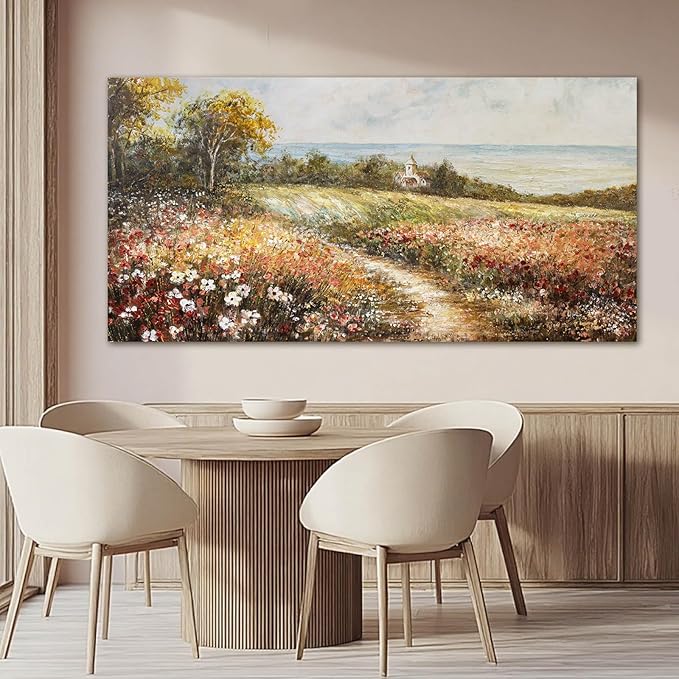 YETHEN WAL Wildflower Meadow Landscape Wall Art with Cottage – Panoramic Country Path Canvas Print, Floral Nature Artwork for Living Room Bedroom, 24x48 Inch