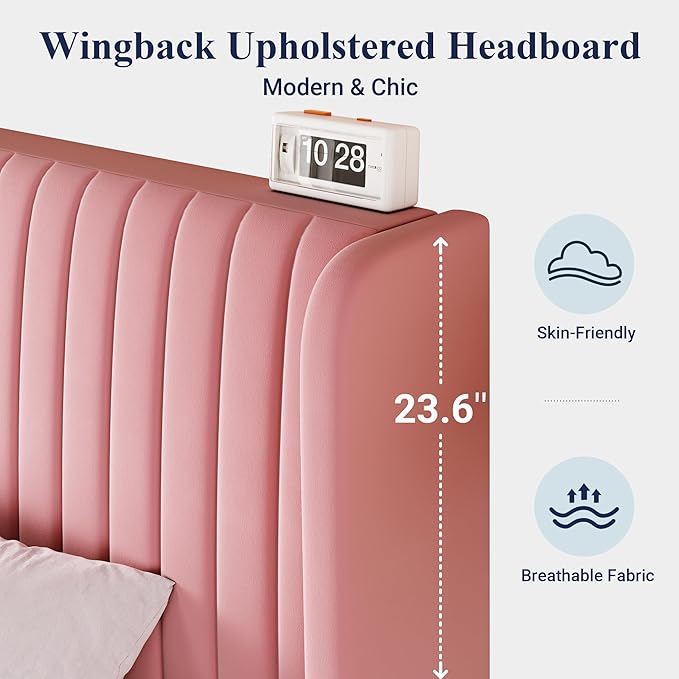 Allewie Full Size Velvet Bed Frame/Vertical Channel Tufted Wingback Headboard/Upholstered Platform Bed/Strong Wooden Slats/No Box Spring Needed/Easy Assembly/Pink