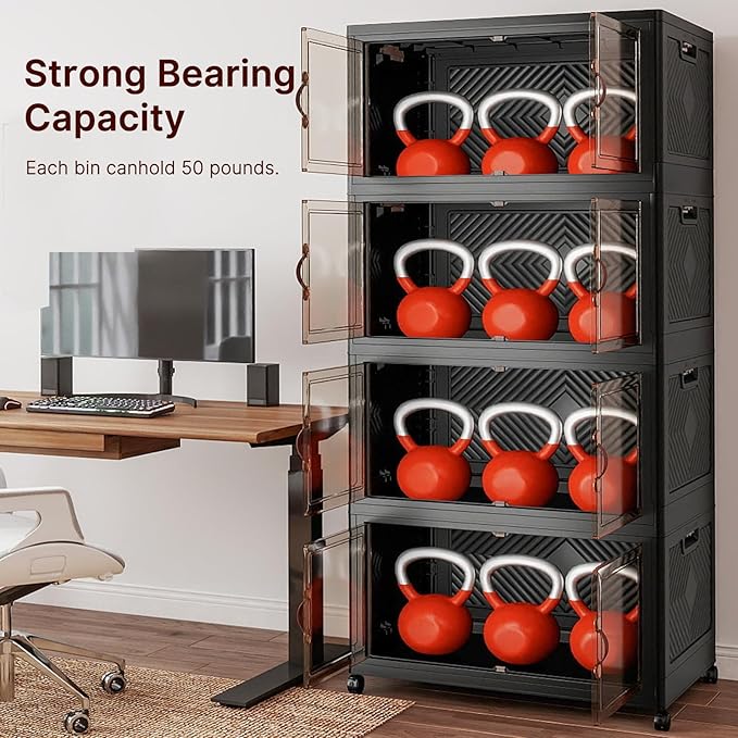 640Qt Stackable Storage Bins with Lids, 4 Pack Large Collapsible Bins with Wheels, Plastic Cabinet with Doors, Foldable Closet Organizers and Storage for Home, Dorm, Office, Black