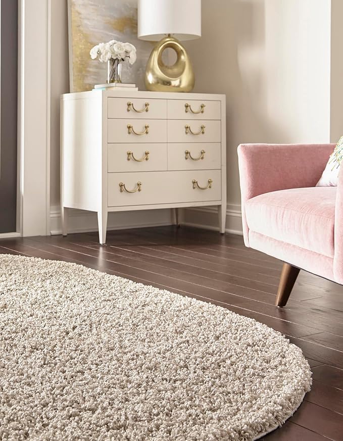 Unique Loom Solid Shag Collection Area Rug (8' x 10' Oval, Taupe)