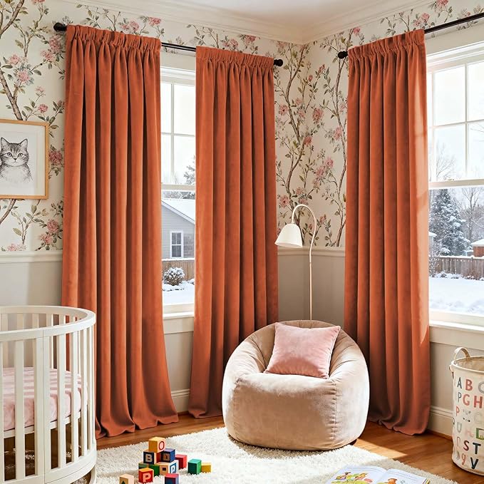 Lazzzy Halloween Blackout Velvet Curtains Orange Fall Decor Thermal Insulated Curtains Living Room Curtains 2 Panel Sets 96 Inch Long Room Darkening Window Treatments Drapes Burnt Pumpkin