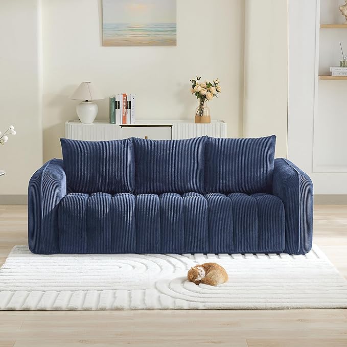 83'' Boneless Corduroy Sofa, Oversized 3 Seater Deep Seat Couch with Rounded Armrest, Modern Upholstered Cloud Sofa for Living Room, No Assembly, Navy