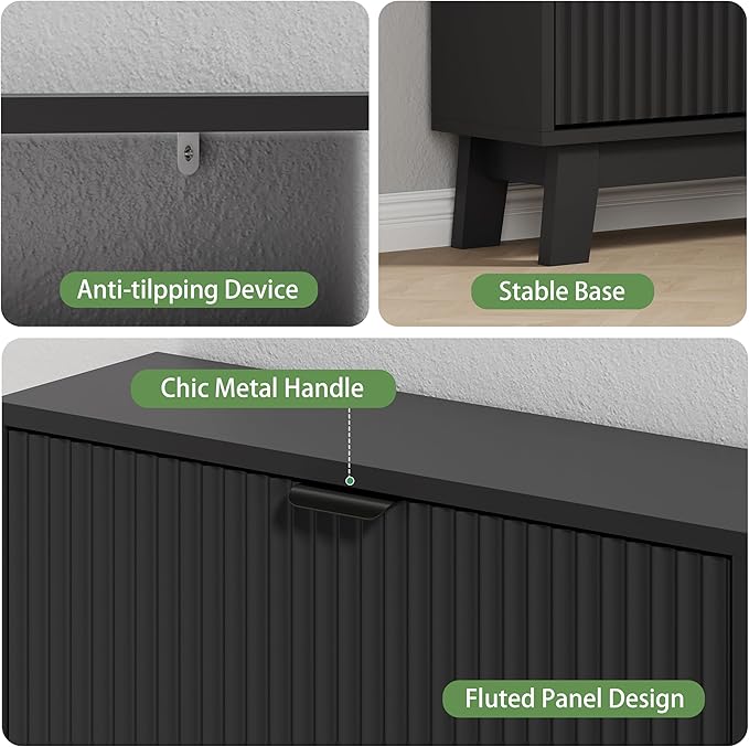 Shoe Cabinet with 3 Flip Drawers, 54" Tall Narrow Fluted Shoe Storage Organizer for Entryway, Hidden Slim Wooden Shoe Rack Cabinet for Front Door Entrance, Hallway, Living Room, Solid Black