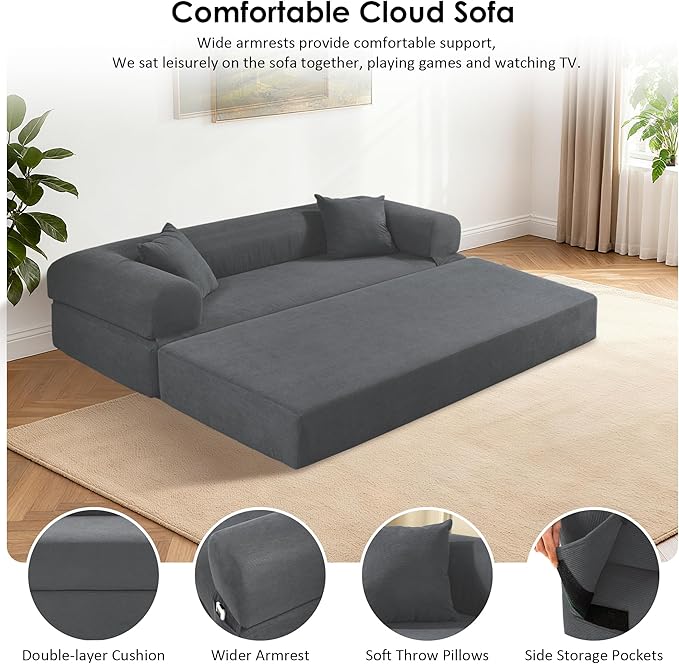 80” Convertible Sofa Bed, Cloud Boneless Couch Floor Sleeper Bed with Pillows, Corduroy Compression Sofa in Box, No Assembly Modular Lounge Couch for Living Room, Smog Gray