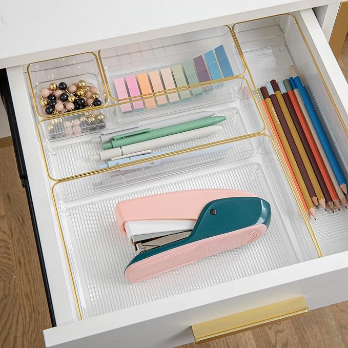 Martha Stewart Kerry Plastic Stackable Office Desk Drawer Organizers, Set of 6, with Gold Trim