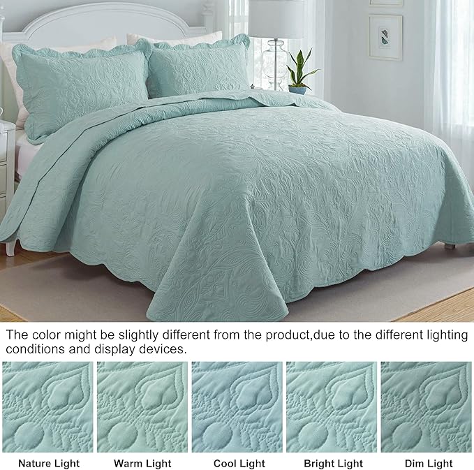 HoneiLife Quilt Set Queen Size - 3 Pieces Queen Quilt Bedding Set Microfiber Quilt Sets Lightweight Bedspreads Reversible Coverlets Retro Bed Cover Floral Bedding Set All Season Quilts-Sage Green