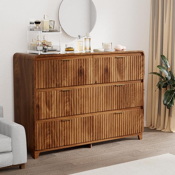 3 Pcs Dresser Closet Bedroom Set, 6 Drawer Fluted Dresser and Nightstand Set of 2 with Charging Station, Modern Bedside Table Chest of Drawers Storage Cabinet Set for Bedroom, Living Room, Walnut