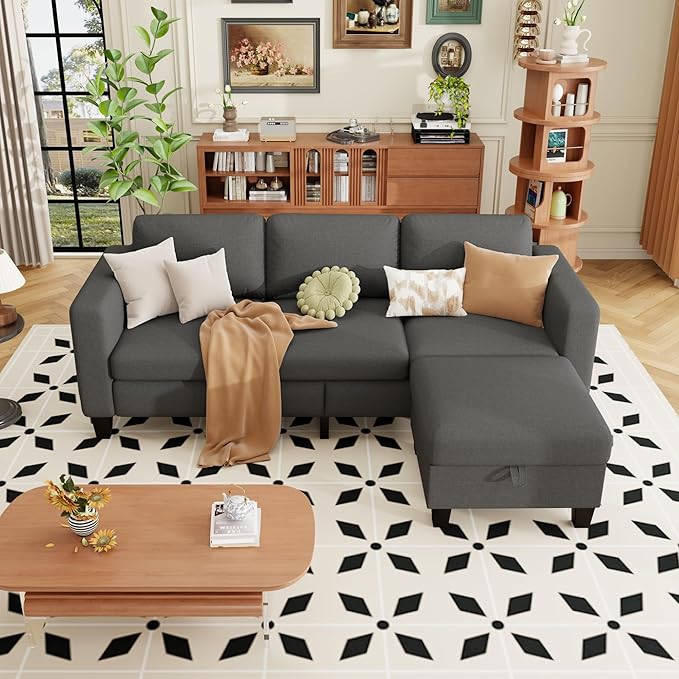 ZeeFu Sectional and Sofa Couches for Living Room - 78'' 3 Seater L-Shaped Modular Couch with Storage Ottoman - Modern Linen Fabric Upholstered Sofa Set for Small Space Apartment Office