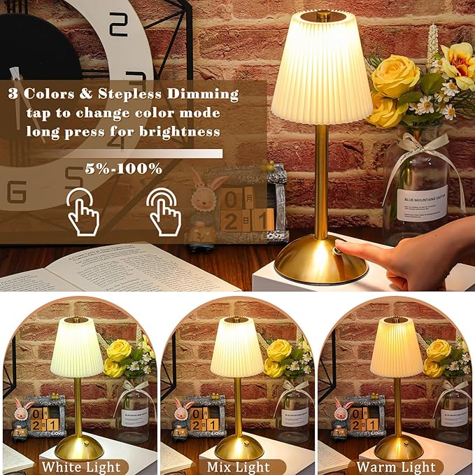 Liliful 4 Pcs Cordless Table Lamp Rechargeable Touch LED Small Gold Portable Battery Operated USB-c Desk Lamp 3 Color Dimmable for Bedroom Living Room Dining (Gold,Beige Cloth Style)