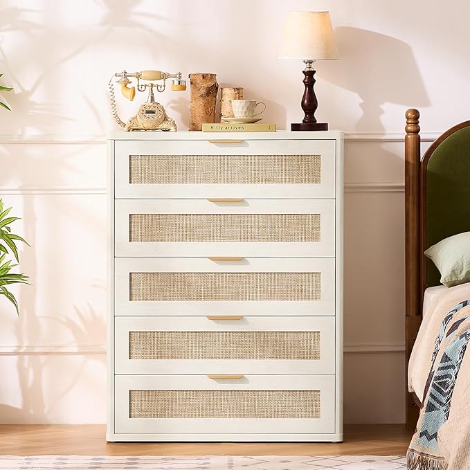 LEYAOYAO Rattan Dresser for Bedroom Set 2, 41" Tall Chest of Drawers, Modern 5 Drawers Boho Dressers with Storage, Light Oak Dresser Wooden Closet Organizer for Living Room, Hallway, Natural Wood