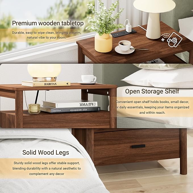 FavourLife Night Stand Set 2, 23" Wide Nightstands Set of 2, Walnut Nightstand with Charging Station, 2 Drawer Wooden End Table with Solid Round Post Legs & Open Shelf,Modern Bedside Table for Bedroom