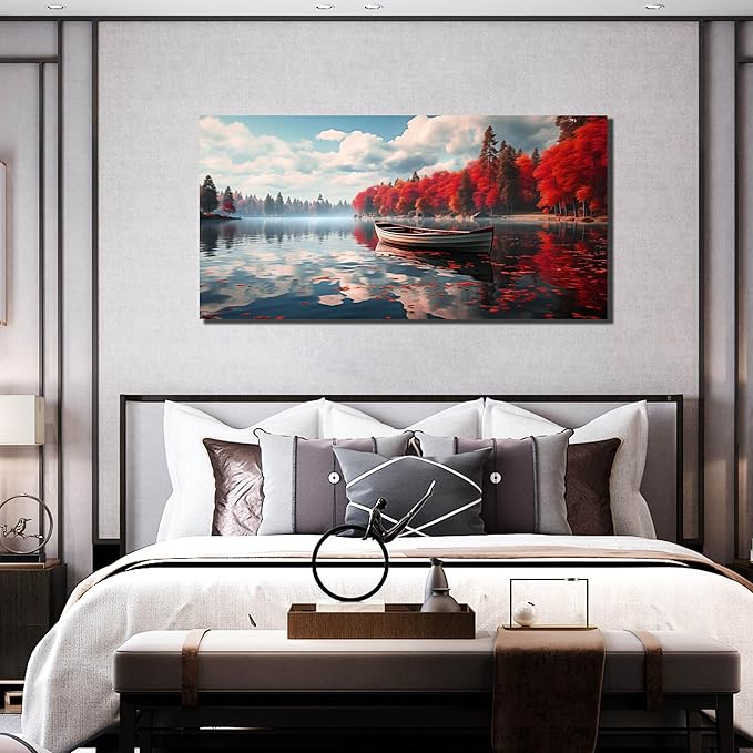 Large Wall Art for Living Room Bedroom Office Red Forest Wall Art Lake Landscape Pictures Modern Artwork Framed Canvas Prints 29x59 Inch