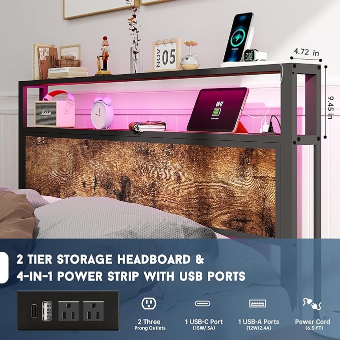 Full Size Bed Frame with 2-Tier Storage Headboard with Charging Station and 12 Color LED Lights,2 Tier Solid Wood Headboard Storage,Noise Free, No Box Spring Needed,Remote Control/Vintage Brown