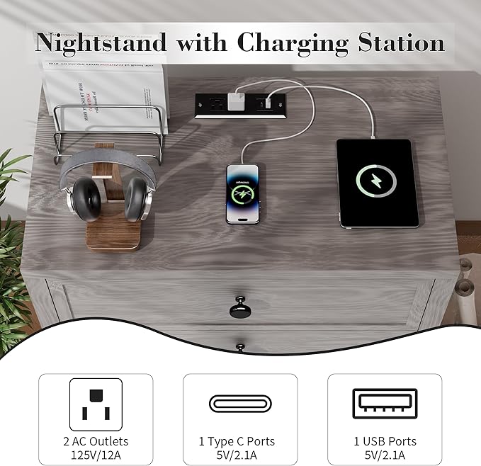 COWMOU Nightstand with Drawers 3 Drawer Night Stand with Charging Station Farmhouse Style Large Bed Side Table Wooden Dresser for Bedroom Living Room (1, Grey Grain)