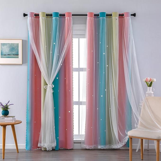 XiDi Curtains for Bedroom Decor, Rainbow Pink-Blue-34-90