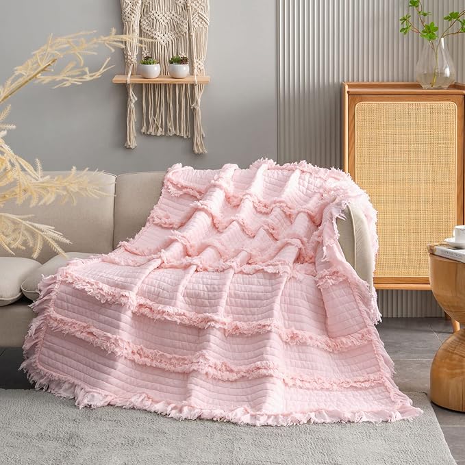 Ultra Soft Pre-Washed Quilted Throw Blanket, Ruffle Fringed Pink Boho Decorative Throw, Stone Washed Chic Rustic Blanket for Sofa Couch Bed Chair, 50"x 60"