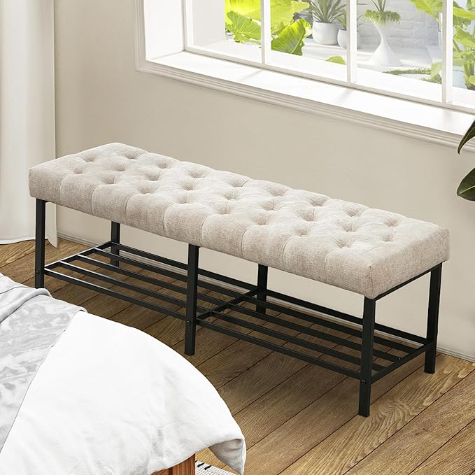 55.5" End of Bed Bench, Modern Chenille Button Tufted Bedroom Bench, Upholstered Storage Shoe Bench with Metal Base, Dinning Table Bench for Living Room, Bedroom, Entryway, Light Brown