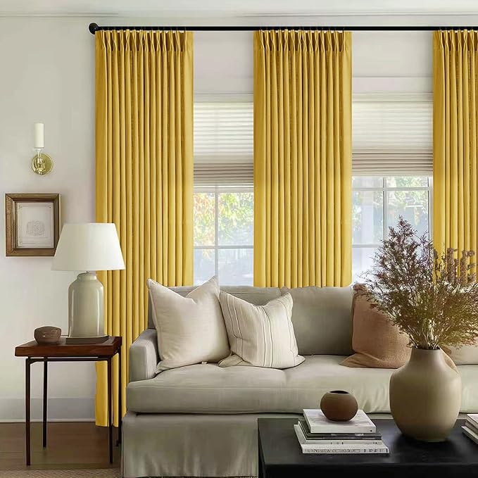 Extra Long Mustard Yellow Linen Curtains 120 Inches Long Gold Yellow Funky Farmhouse Rustic Curtain Light Filtering Semi Sheer Back Tab Pinch Pleat Curtain for Tall Ceiling Living Room 2 Panels